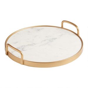 Plateau décoratif rond en marbre de luxe avec poignées en fer plaqué or, design minimaliste multifonctionnel moderne pour la décoration de la maison - Product Image 3