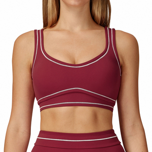 Sujetador deportivo de color liso para mujer con cuello redondo, soporte medio, para yoga y ropa deportiva, con tirantes finos, costuras en contraste y transpirable. - Product Image 1