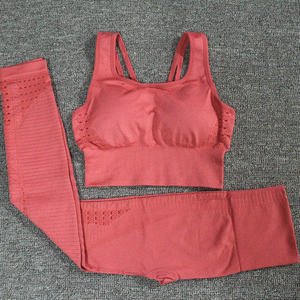 <b>Women</b> Yoga Set Racerback Sports Bra High Waist Leggings Solid Color Ribbed <b>Mesh</b> Breathable Seamless 2 Piece Set - Product Image 1