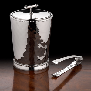 Seau à glace chic en argent martelé avec bordure en corde, couvercle à poignée en T, rebord évasé et pinces de service élégantes assorties pour les fêtes - Product Image 5