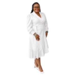 Vestido Blanco Cruzado para Mujer, Manga Larga, Cuello en V, Elegante, Midi, Formal, para Iglesia, Eventos, Clásico y Estilizado - Product Image 3