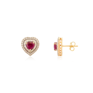 Pendientes de Oro Amarillo de 14K con Rubí y Diamante en Forma de Corazón de 5x5mm, Diseño de Doble Racimo, MOQ Bajo, Regalo de San Valentín, Joyería - Product Image 3
