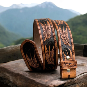Ensembles de ceintures en cuir de vachette de qualité supérieure au design western, durables, avec boucle en cuivre perlée et travaillée à la main, service OEM/ODM - Product Image 1