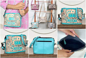 Stylish Women Fashion Hand Tooled Floral Leather Crossbody Handbags Luxury Casino Pattern Genuine Leather Evening Sling Bags - Product Image 3