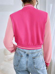 Pink Varsity <b>Jacket</b> Women <b>Short</b> Length Full <b>Sleeve</b> Letter S Embroidery Button Up Turn-down Collar Spring Casual Outerwear - Product Image 3