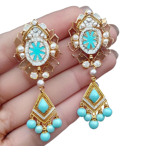 Turquoise Pearl Gold Plated Zinc Alloy Geometric Bohemian Drop Earrings - Product Image 3