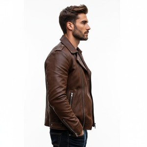 Blouson moto en cuir de vachette marron pour homme, fermeture éclair, col rabattable, coupe ajustée, couleur unie, pour l'automne, coupe classique - Product Image 4