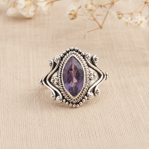 Bague pour femme en argent sterling 925 avec améthyste violette naturelle taille marquise, sertie à la main, style vintage, or rose - Product Image 5