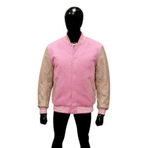 Chaqueta Varsity Premium de Lana Rosa con Mangas de Cuero Beige, Chaqueta Bomber de Béisbol Personalizada con Letras, para Hombre y Mujer, Venta al Por Mayor - Product Image 1
