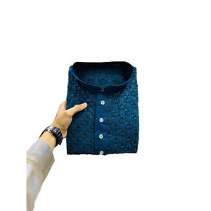 FANCY RAYON BORDADO SECUENCIA TRABAJO HOMBRE KURTA PIJAMA AZUL - Product Image 1
