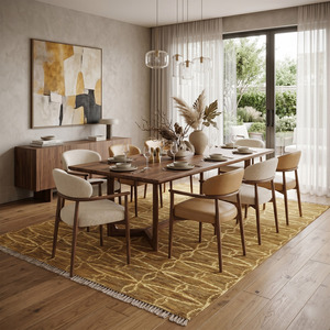 Tapis géométrique Ocre Or Ivoire, tufté à la main, écologique, antidérapant, à poils moyens, motif losanges entrelacés, avec franges pour - Product Image 3