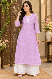 Exclusive Women Lavender <b>Chikankari</b> Hand Embroidered Straight Kurti Ethnic Floral <b>Suit</b> - Product Image 1