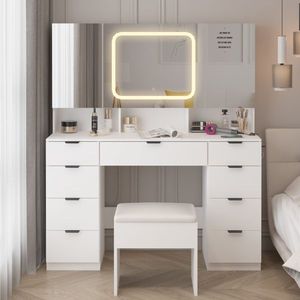 Large LED-Lit Vanity Table Set with 3 Opening <b>Mirrors</b> Full Storage Behind Dressing <b>Makeup</b> Table 3 Opening <b>Mirrors</b> LED Lights - Product Image 1