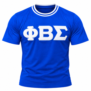 Camiseta de chenilla Phi Beta Sigma con parche de letras griegas extragrande, cuello redondo a rayas, mangas cortas, estilo universitario para el campus griego - Product Image 3