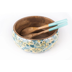 Ensemble de saladiers en bois de manguier faits à la main avec des ustensiles assortis, design floral élégant en émail, grand saladier écologique - Product Image 5