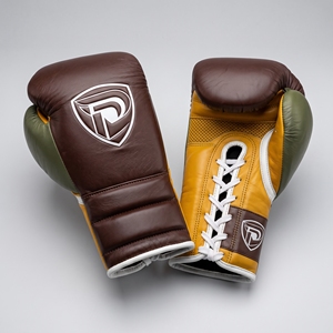 Dumela Leather <b>Boxing</b> <b>Gloves</b> <b>16</b> <b>Oz</b> Brown Yellow Green Training Gear with Logo Design - Product Image 1