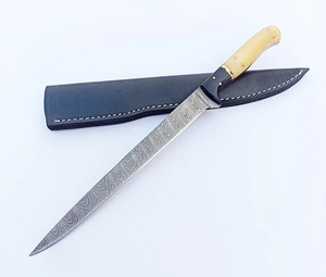 Cuchillo de filetear hecho a mano de acero de Damasco con mango de hueso y funda de cuero, hoja de 8-9.9 pulgadas, ambidiestro, apto para lavavajillas - Product Image 5