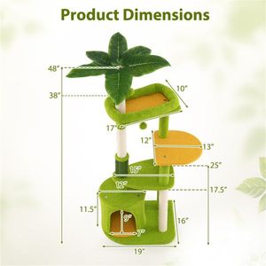 Arbre à chat compact de 48 pouces avec feuilles tropicales, auto-toilettant et griffoirs, vert et orange - Product Image 5