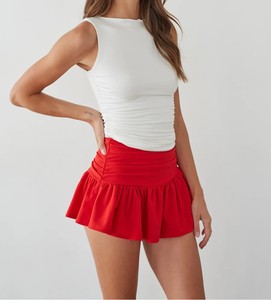 Women's Red High Waist Ruffle A-<b>Line</b> Mini Skirt Solid Color Satin Woven Sporty Style Breathable Quick Dry 80g Polyester/Cotton - Product Image 2