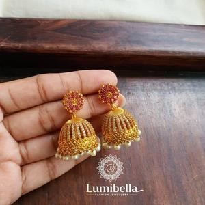 Ruby Chakra Small Jhumkis-Trendy Ethnic Flower Earrings with Diamond and Pearl Accents - Product Image 1