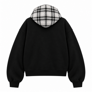 Sweat-shirt décontracté pour homme, noir, à fermeture éclair, avec poche et doublure en patchwork à carreaux - Product Image 2