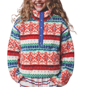 Sudadera con capucha de forro polar Sherpa para mujer, con media cremallera, diseño Fair Isle rojo y verde, cálida, informal, de invierno, con bolsillos - Product Image 1
