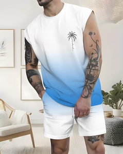 Men's Gradient Sleeveless Tank Top Set With Palm Tree Print White Blue Knitted Breathable Summer Casual Wear - Product Image 1