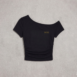 One-Shoulder Cropped Blouse Solid Black Knitted Custom women's shirt Half Sleeve Asymmetric Design Rhinestone Logo Slim Fit - Product Image 3