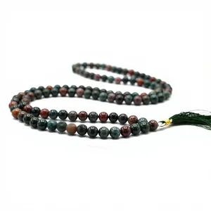 Collar Mala de 108 cuentas de piedra de sangre natural, cuentas de oración de piedra preciosa redondas de 8 mm, para meditación y yoga, hecho a mano, con borla certificada, al por mayor - Product Image 4