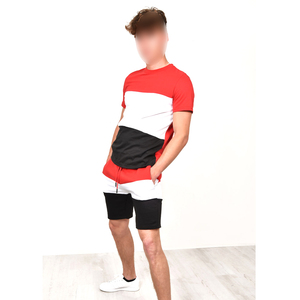 Men's Navy Blue Crew Neck T-Shirt With White Pocket And Dot Pattern Shorts <b>Set</b> Casual Summer Outfit Breathable <b>Knitted</b> Style - Product Image 1