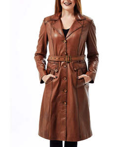 Abrigo de Cuero Kivotech, Estilo Gabardina, Color Marrón, Piel de Oveja, con Cinturón y Peluche, Largo, para Mujer, Otoño Invierno, 100% Cuero - Product Image 3