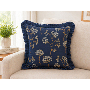 Luxury Square Floral Embroidery Linen Throw Pillow Cover <b>with</b> Decorative Ruffle Edge for Home & Hotel Use - Product Image 2