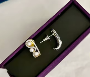 Beautiful Women's Party Wear Glow <b>Earrings</b> <b>Set</b> Sparkling Golden Zircon <b>Studs</b> <b>Silver</b> Plated Jewelry For Women - Product Image 2