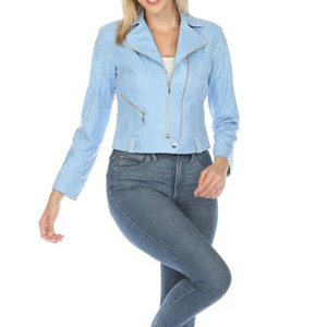 Veste de motard en similicuir bleu clair pour femme, style court avec garniture cloutée et fermeture éclair sur le devant - Product Image 6