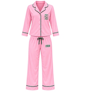 Women's Pink Pajama Set with Green Piping Alpha Kappa Alpha Embroidery and 1908 Detail <b>Long</b> Sleeve Button Front Top Matching - Product Image 1