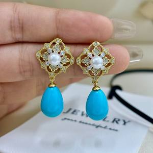 Boucles d'oreilles pendantes en perles d'eau turquoise bleue, 7-8 mm, design floral géométrique en argent pur, bijoux de banquet tendance - Product Image 3