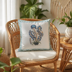 Ethnic <b>Blue</b> Botanical Cotton Cushion Cover with Printed Border Decorative <b>Sofa</b> Pillow Cover for Home Decor - Product Image 4