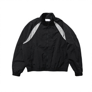 Custom Sports Running Waterproof Jacket Stand Zipper Print Reflective Piping Men <b>Black</b> Crinkle <b>Windbreaker</b> Jacket - Product Image 1