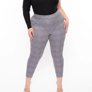 High Waisted Plaid <b>Leggings</b> Ankle Length Stretch Knitted Casual Women's Plus Size Pants Gray White <b>Patterned</b> - Product Image 1