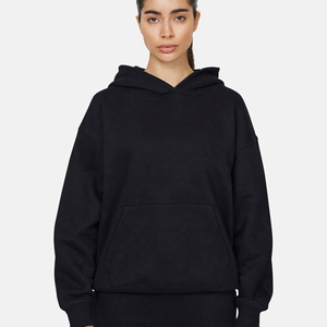 Sudadera con Capucha Extra Grande para Mujer, Color Negro Sólido, Felpa de Algodón, Manga Larga, Diseño con Bolsillos, Ropa Casual de Otoño - Product Image 5