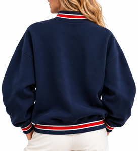 OEM Custom <b>Women</b>’s <b>Christmas</b> Oversized Mock Neck <b>Sweatshirt</b> Plaid Sleeves Patchwork Letter Applique Embroidery - Product Image 3