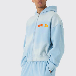 เสื้อฮู้ดดี้โอเวอร์ไซส์ทรงหลวมสำหรับผู้ชาย ล้างสีแบบแอซิดวอช มีซิป สไตล์สตรีทแวร์ลำลอง เหมาะสำหรับใส่ในฤดูใบไม้ร่วง สีฟ้าอ่อน ผลิตจากผ้าฝ้ายโพลีเอสเตอร์ 100% เฟรนช์เทอร์รี่ - Product Image 5