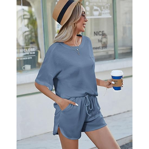 Conjunto de Ropa Informal para Mujer, Transpirable, de Punto Waffle, Top de Manga Corta y Pantalones Cortos - Product Image 5
