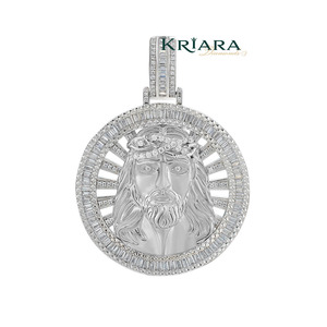 Pendentif Visage de Jésus en Argent 925 Plaqué Rhodium, Taille Ronde Brillante, Halo de Diamants de Laboratoire, Breloque Religieuse Unisexe - Product Image 1