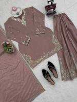 Ensemble Sharara en soie rose, Kurti brodé avec des sequins, Dupatta, Salwar Kameez, tenue pour mariage, fête, femmes