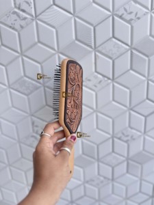 2026 New Handmade Hand <b>Tooled</b> <b>Leather</b> Wooden Hair Brush With Carved Floral Design For Scalp Massage Manual Use Rectangular Shape - Product Image 2