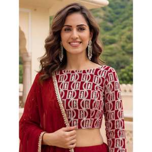 <b>Red</b> Embroidered Georgette Plus Size <b>Lehenga</b> Choli for <b>Wedding</b> - Product Image 2