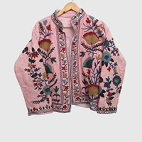 Veste à col mandarin brodée à la main avec des motifs floraux, manches longues, en coton, pour femmes, taille plus, style Prairie Chic, à porter au printemps
