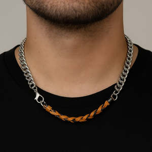 Pure <b>Titanium</b> Steel Gold Plated <b>Chain</b> with Mustard Yellow and Black Beaded Rope Necklace for Men Boys-17 Inch - Product Image 1