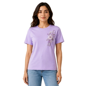 เสื้อยืดคอกลมผ้าฝ้ายปักลายดอกไม้สีม่วงลาเวนเดอร์สำหรับผู้หญิง แขนสั้น สไตล์ลำลอง ผลิตตามสั่ง OEM คุณภาพพรีเมียม สำหรับฤดูร้อน - Product Image 1